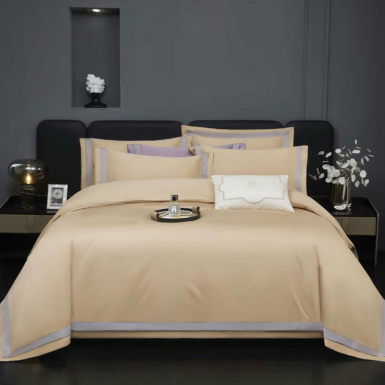 91家纺网 家纺一手货源 找家纺 沐珩家纺 2026新款双拼角拼色100s长绒棉工艺四件套-凯伦 凯伦-烟色香槟