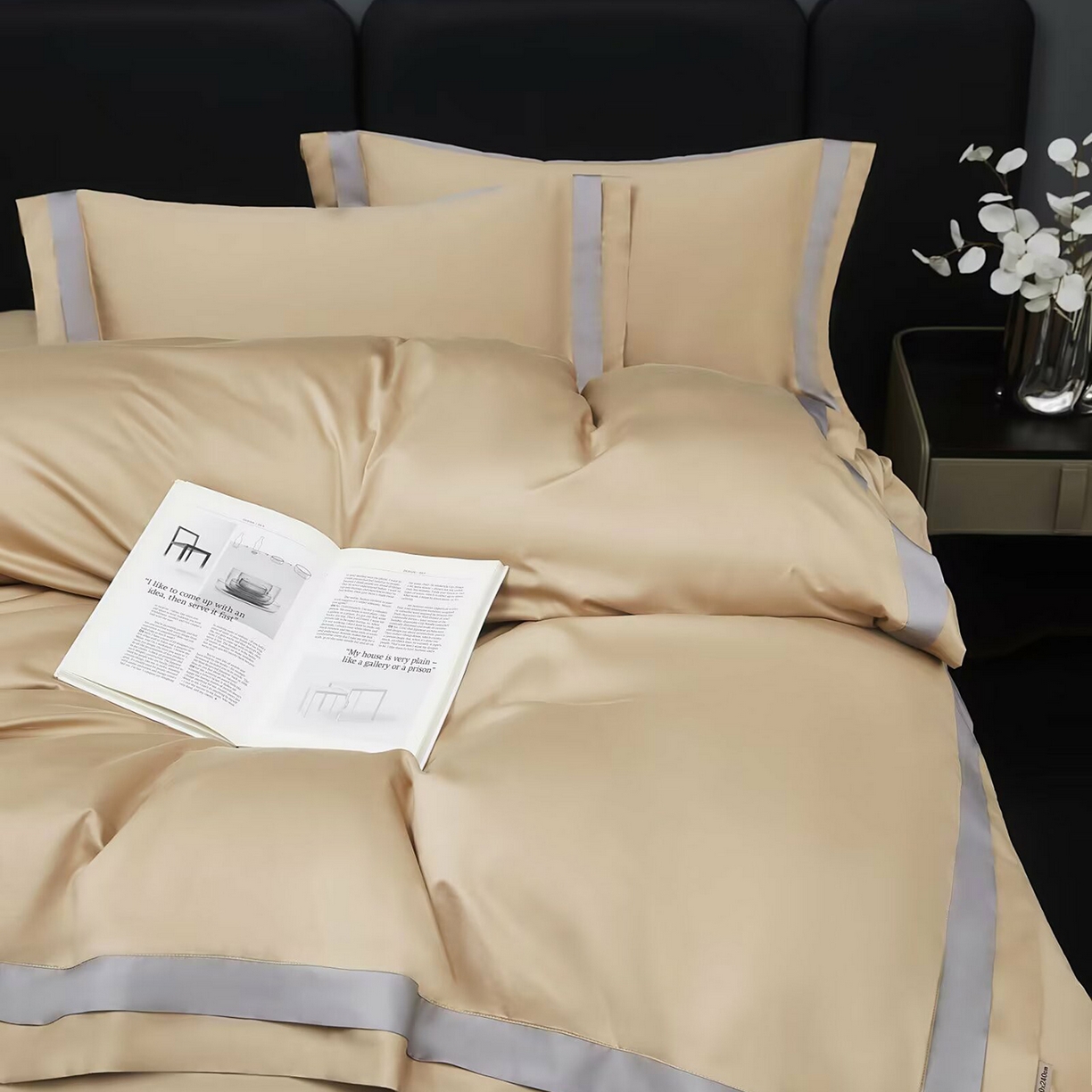 91家纺网 家纺一手货源 找家纺 沐珩家纺 2026新款双拼角拼色100s长绒棉工艺四件套-凯伦 凯伦-烟色香槟