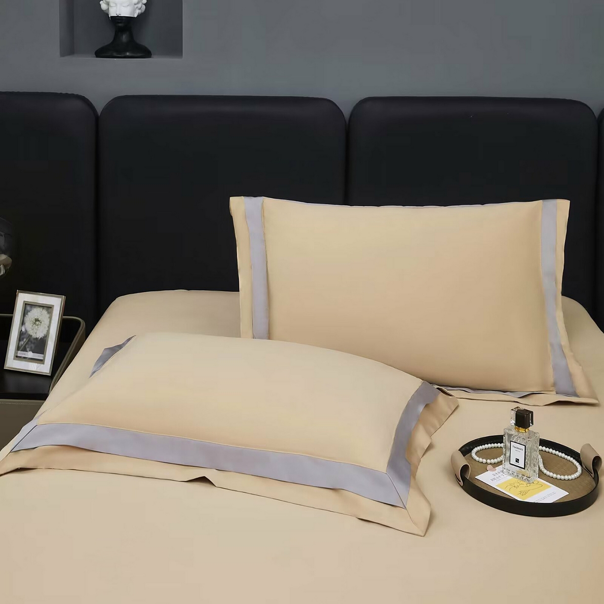 91家纺网 家纺一手货源 找家纺 沐珩家纺 2026新款双拼角拼色100s长绒棉工艺四件套-凯伦 凯伦-烟色香槟