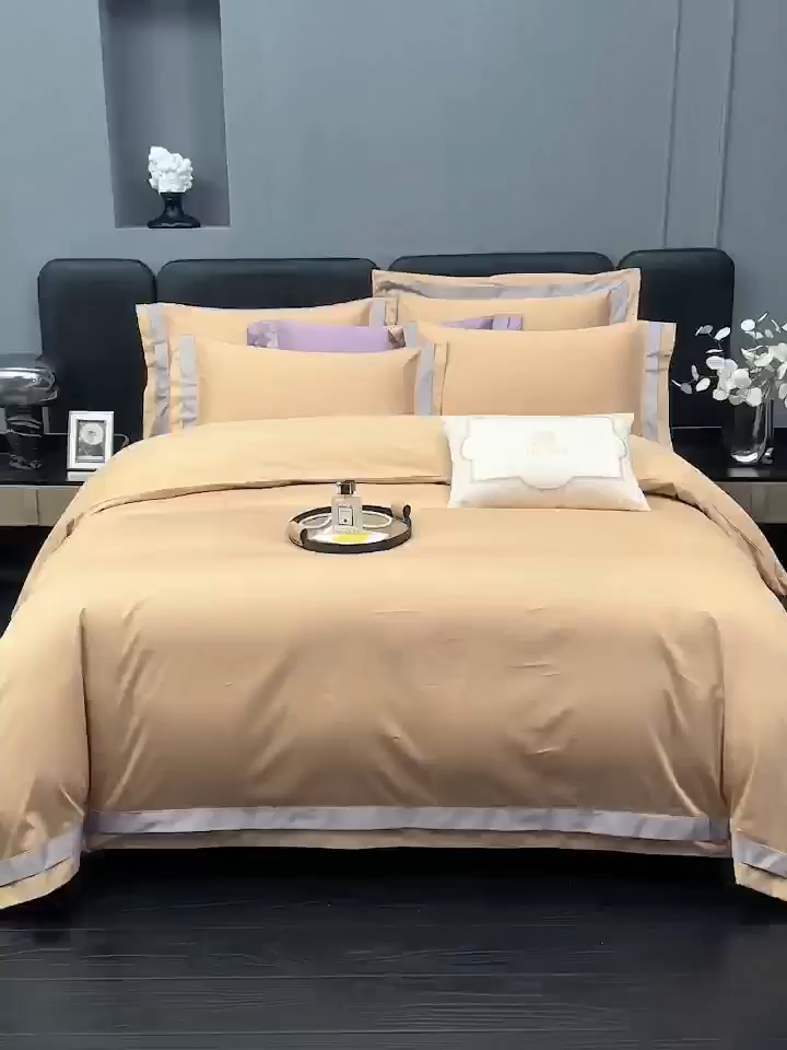91家纺网 家纺一手货源 找家纺 沐珩家纺 2026新款双拼角拼色100s长绒棉工艺四件套-凯伦 凯伦-烟色香槟