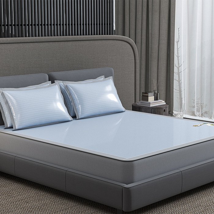 91家纺网 家纺一手货源 找家纺 小牛席业 2026新款PE凉感纤维无印风纯色凉感冰丝席凉席席子（床笠款） 蓝色