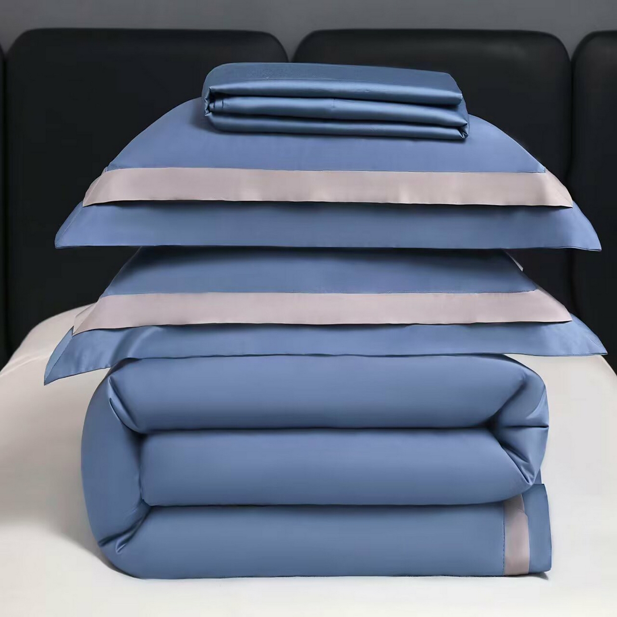 91家纺网 家纺一手货源 找家纺 沐珩家纺 2026新款双拼角拼色100s长绒棉工艺四件套-凯伦 凯伦-钻石蓝