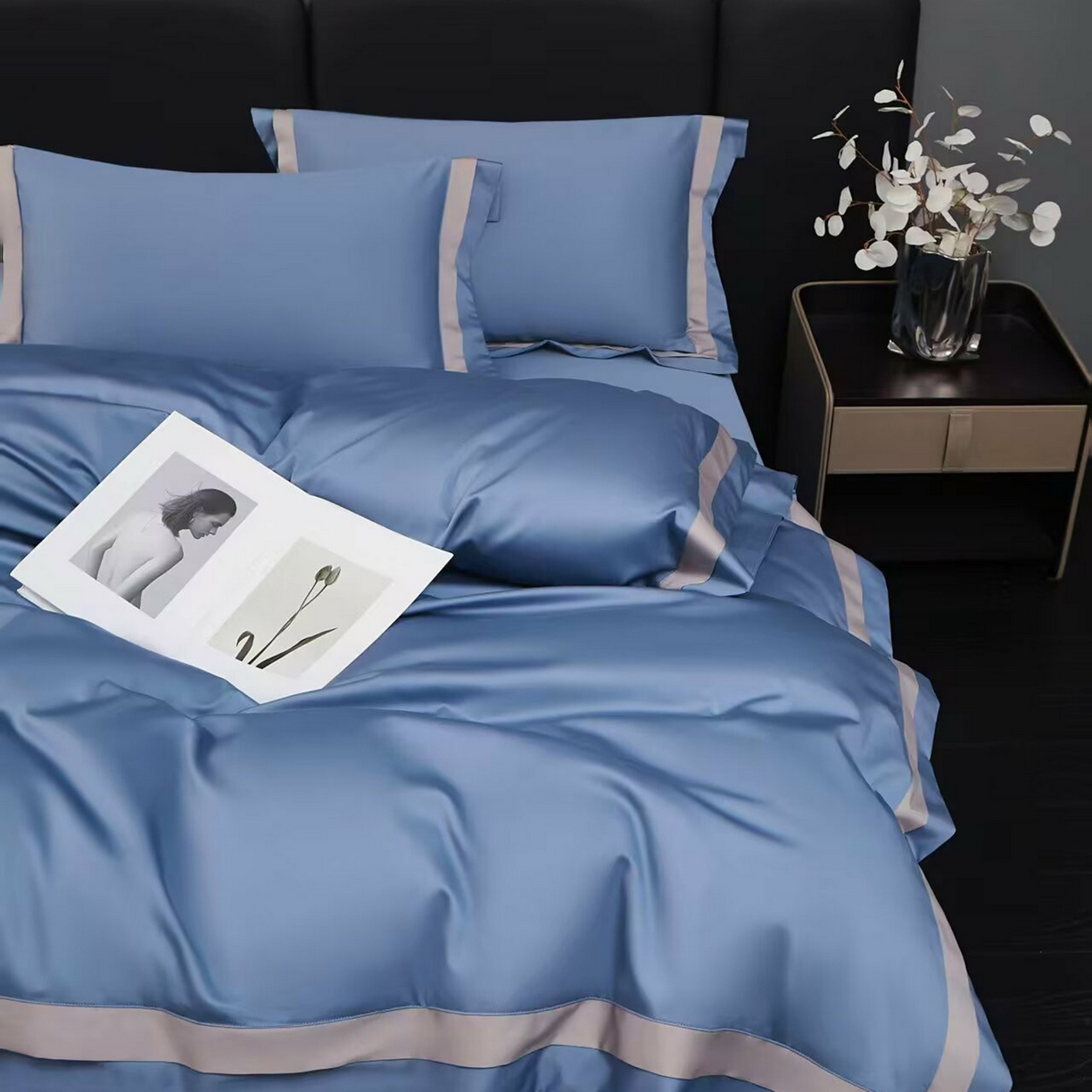 91家纺网 家纺一手货源 找家纺 沐珩家纺 2026新款双拼角拼色100s长绒棉工艺四件套-凯伦 凯伦-钻石蓝