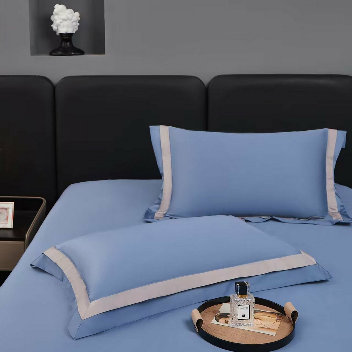 91家纺网 家纺一手货源 找家纺 沐珩家纺 2026新款双拼角拼色100s长绒棉工艺四件套-凯伦 凯伦-钻石蓝