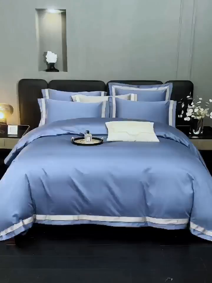 91家纺网 家纺一手货源 找家纺 沐珩家纺 2026新款双拼角拼色100s长绒棉工艺四件套-凯伦 凯伦-钻石蓝