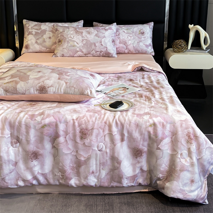 91家纺网 家纺一手货源 找家纺 绒棉世家 2026新款100%莱赛尔天丝面料数码印花天丝夏被四件套 诺曼花园