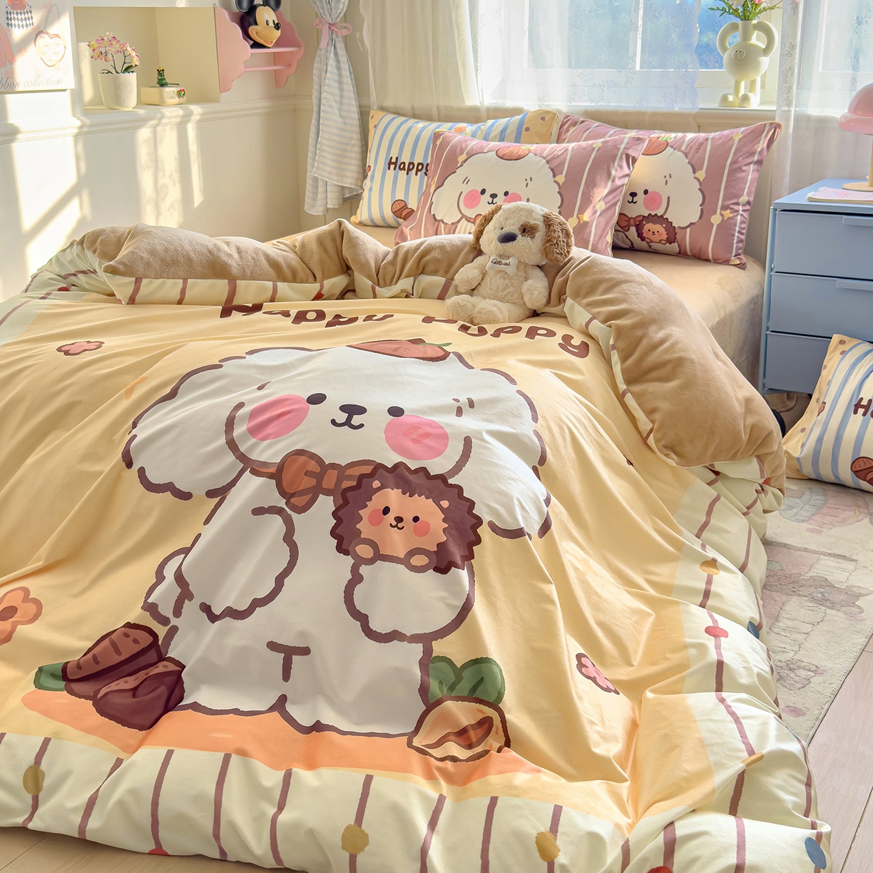 91家纺网 家纺一手货源 找家纺 沐珩家纺 2026新款牛奶绒水晶绒卡通大版四件套 小狗努比-黄