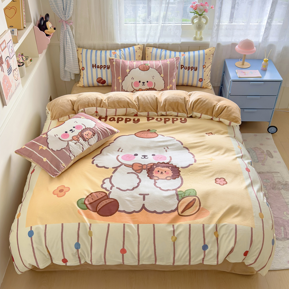 沐珩家纺 2026新款牛奶绒水晶绒卡通大版四件套 小狗努比-黄