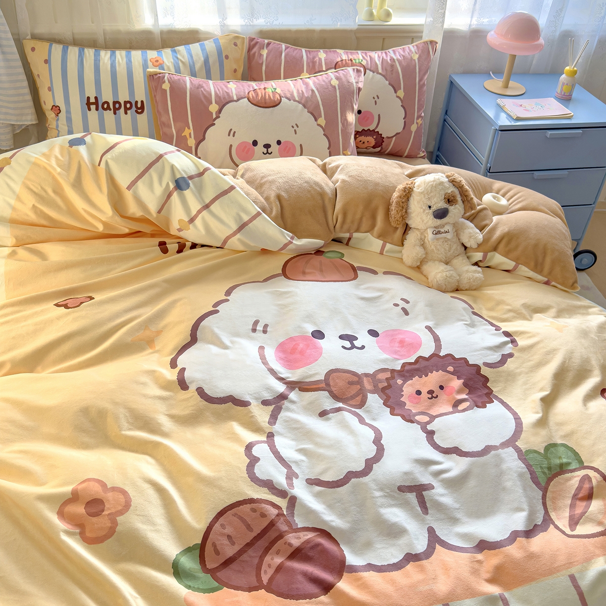 91家纺网 家纺一手货源 找家纺 沐珩家纺 2026新款牛奶绒水晶绒卡通大版四件套 小狗努比-黄