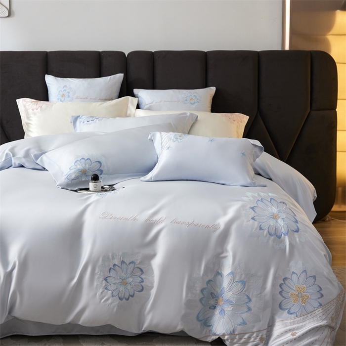 91家纺网 家纺一手货源 找家纺 优贝家纺 2026新款天丝面料刺绣款四件套-花韵系列 花韵-天空蓝