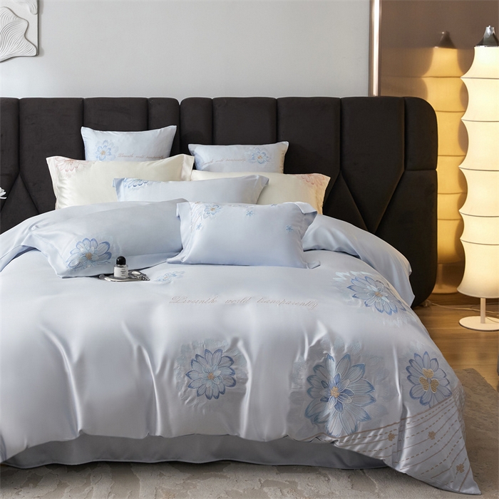 优贝家纺 2026新款天丝面料刺绣款四件套-花韵系列 花韵-天空蓝