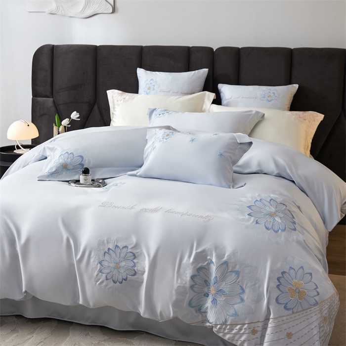 91家纺网 家纺一手货源 找家纺 优贝家纺 2026新款天丝面料刺绣款四件套-花韵系列 花韵-天空蓝