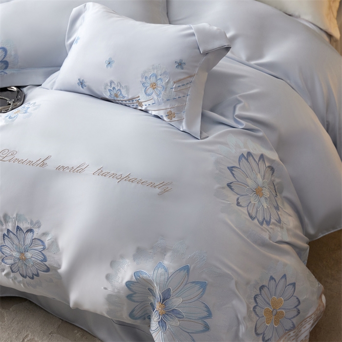 91家纺网 家纺一手货源 找家纺 优贝家纺 2026新款天丝面料刺绣款四件套-花韵系列 花韵-天空蓝