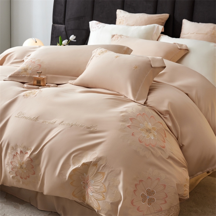 91家纺网 家纺一手货源 找家纺 优贝家纺 2026新款天丝面料刺绣款四件套-花韵系列 花韵-奶油