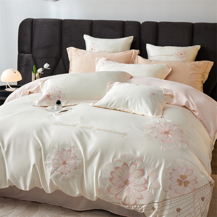 91家纺网 家纺一手货源 找家纺 优贝家纺 2026新款天丝面料刺绣款四件套-花韵系列 花韵-米白