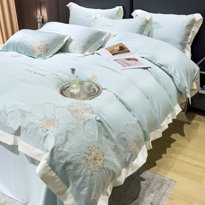 91家纺网 家纺一手货源 找家纺 优贝家纺 2026新款天丝刺绣四件套-莫奈花园 莫奈花园-水绿