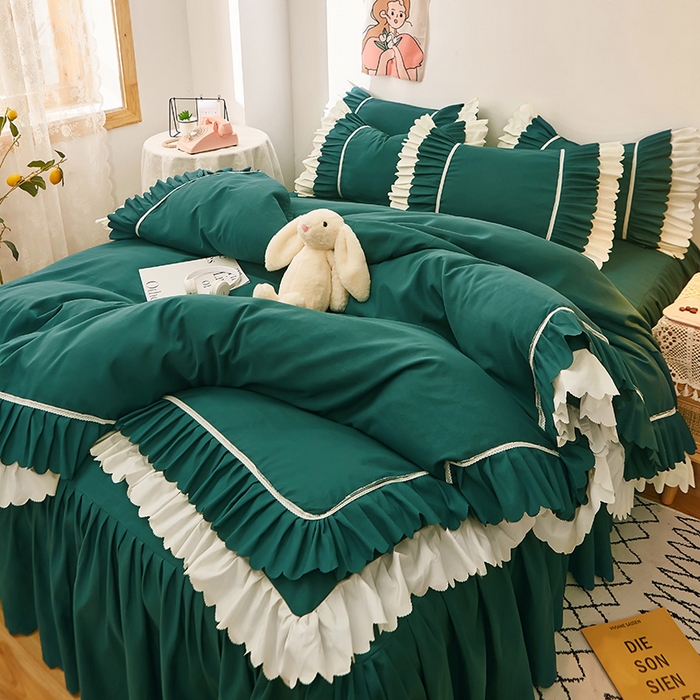 91家纺网 家纺一手货源 找家纺 沐珩家纺 2026新款荷叶边亲肤磨毛单床裙—流年系列 流年-墨绿