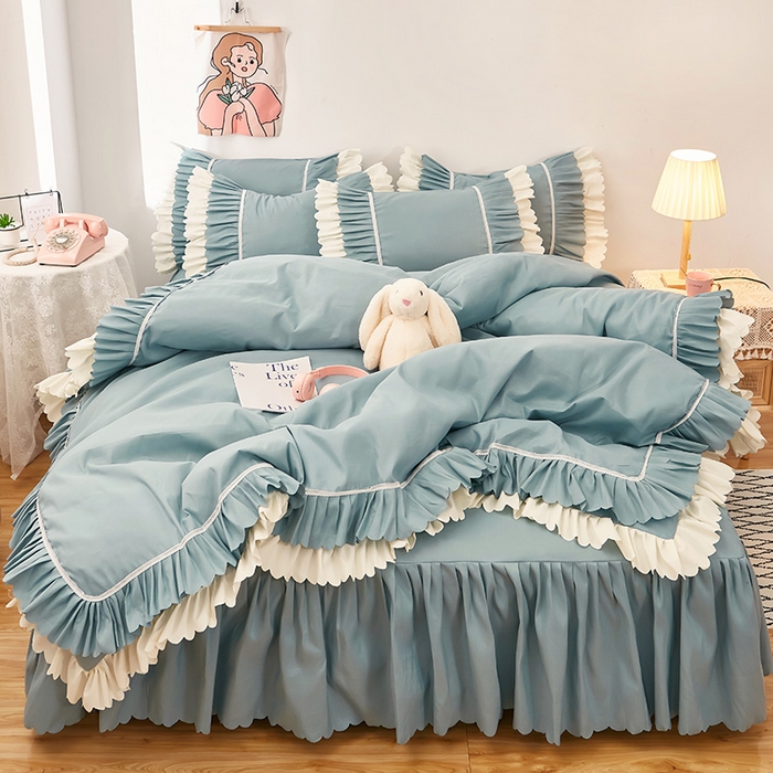 91家纺网 家纺一手货源 找家纺 沐珩家纺 2026新款荷叶边亲肤磨毛单床裙—流年系列 流年-湖蓝