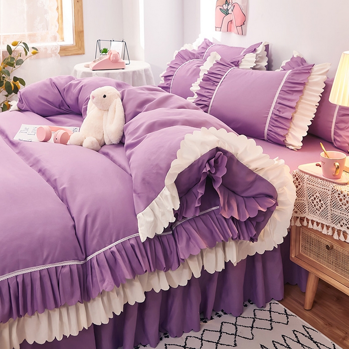 91家纺网 家纺一手货源 找家纺 沐珩家纺 2026新款荷叶边亲肤磨毛单床裙—流年系列 流年-黛紫