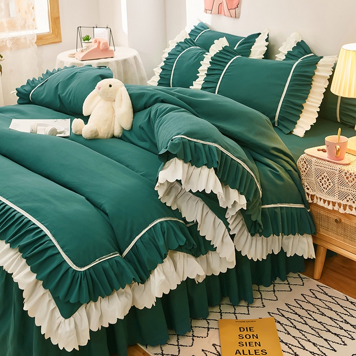 91家纺网 家纺一手货源 找家纺 沐珩家纺 2026新款荷叶边亲肤磨毛单床裙—流年系列 流年-墨绿