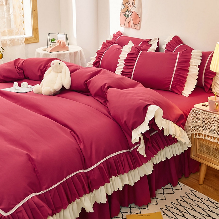 91家纺网 家纺一手货源 找家纺 沐珩家纺 2026新款荷叶边亲肤磨毛单床裙—流年系列 流年-酒红