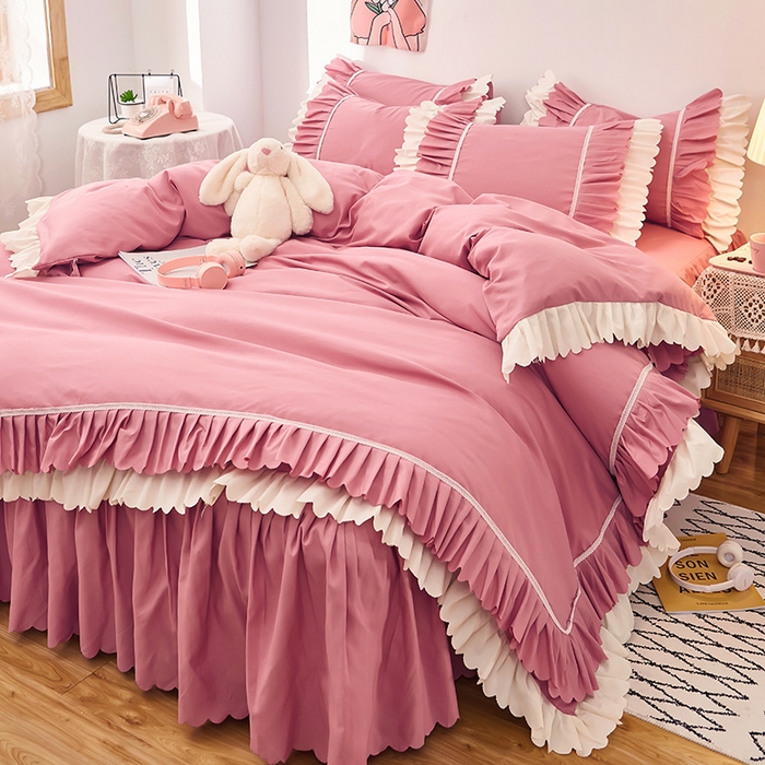 91家纺网 家纺一手货源 找家纺 沐珩家纺 2026新款荷叶边亲肤磨毛单床裙—流年系列 流年-豆沙