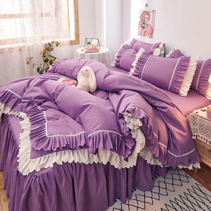 91家纺网 家纺一手货源 找家纺 沐珩家纺 2026新款荷叶边亲肤磨毛单床裙—流年系列 流年-黛紫