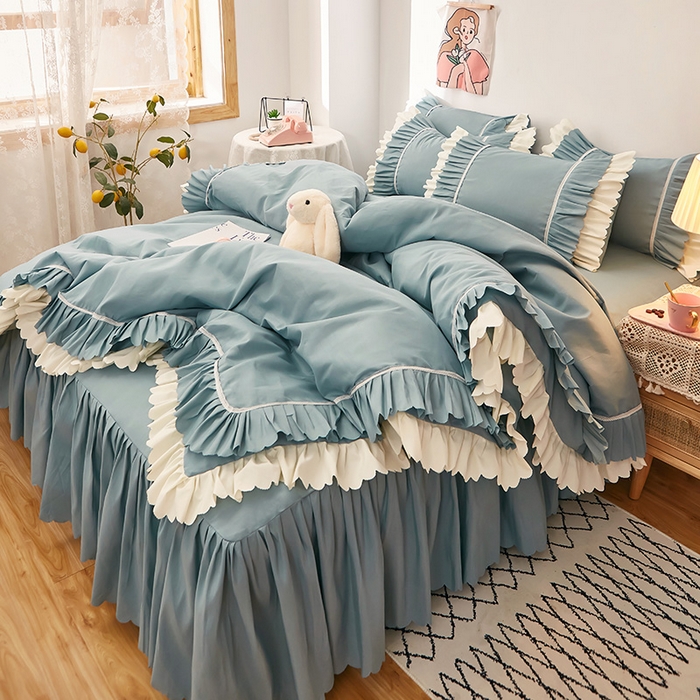 91家纺网 家纺一手货源 找家纺 沐珩家纺 2026新款荷叶边亲肤磨毛单床裙—流年系列 流年-湖蓝