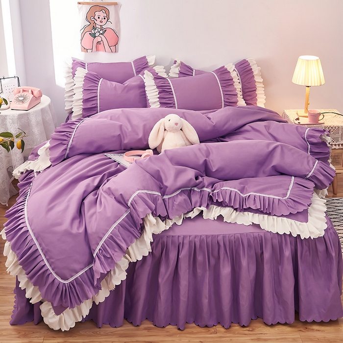 91家纺网 家纺一手货源 找家纺 沐珩家纺 2026新款荷叶边亲肤磨毛单床裙—流年系列 流年-黛紫