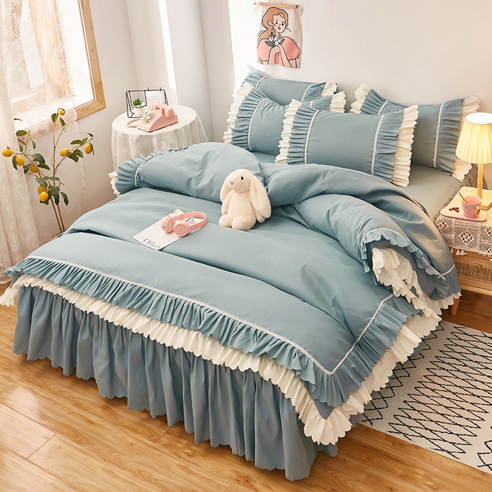 91家纺网 家纺一手货源 找家纺 沐珩家纺 2026新款荷叶边亲肤磨毛单床裙—流年系列 流年-湖蓝