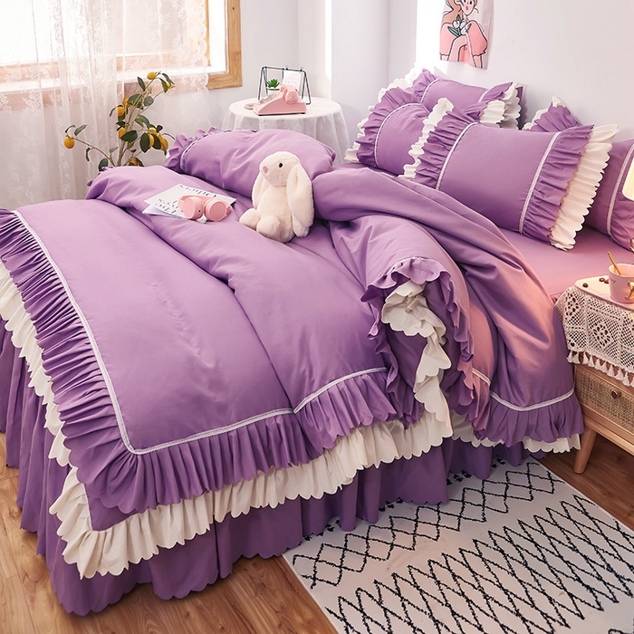 91家纺网 家纺一手货源 找家纺 沐珩家纺 2026新款荷叶边亲肤磨毛单床裙—流年系列 流年-黛紫