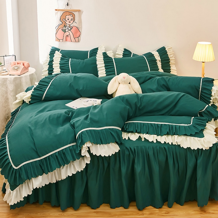 91家纺网 家纺一手货源 找家纺 沐珩家纺 2026新款荷叶边亲肤磨毛单床裙—流年系列 流年-墨绿