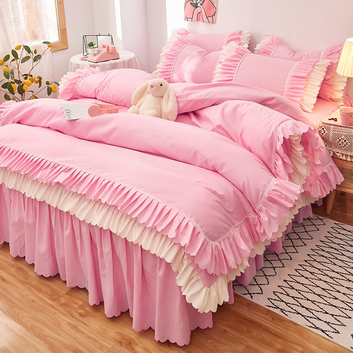 91家纺网 家纺一手货源 找家纺 沐珩家纺 2026新款荷叶边亲肤磨毛单床裙—流年系列 流年-樱粉