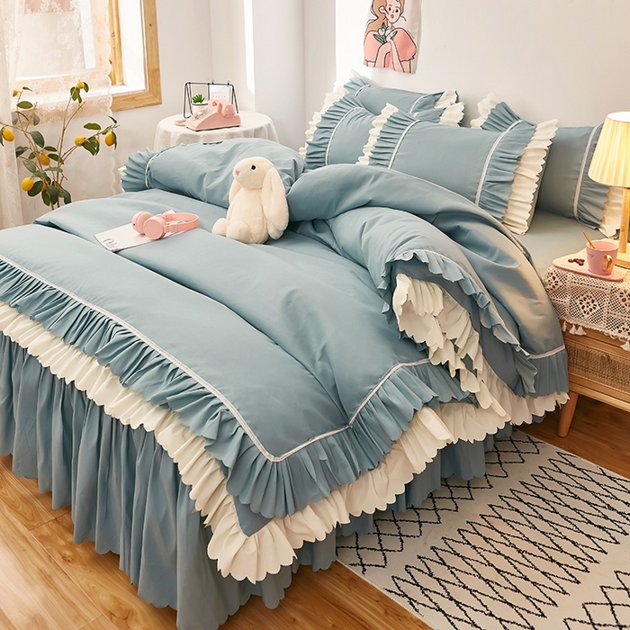 91家纺网 家纺一手货源 找家纺 沐珩家纺 2026新款荷叶边亲肤磨毛单床裙—流年系列 流年-湖蓝