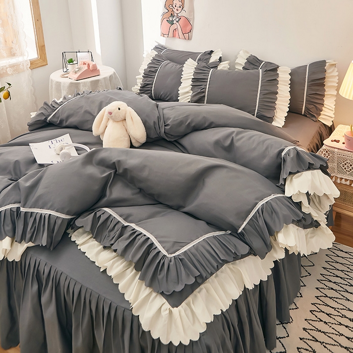 91家纺网 家纺一手货源 找家纺 沐珩家纺 2026新款荷叶边亲肤磨毛单床裙—流年系列 流年-深灰