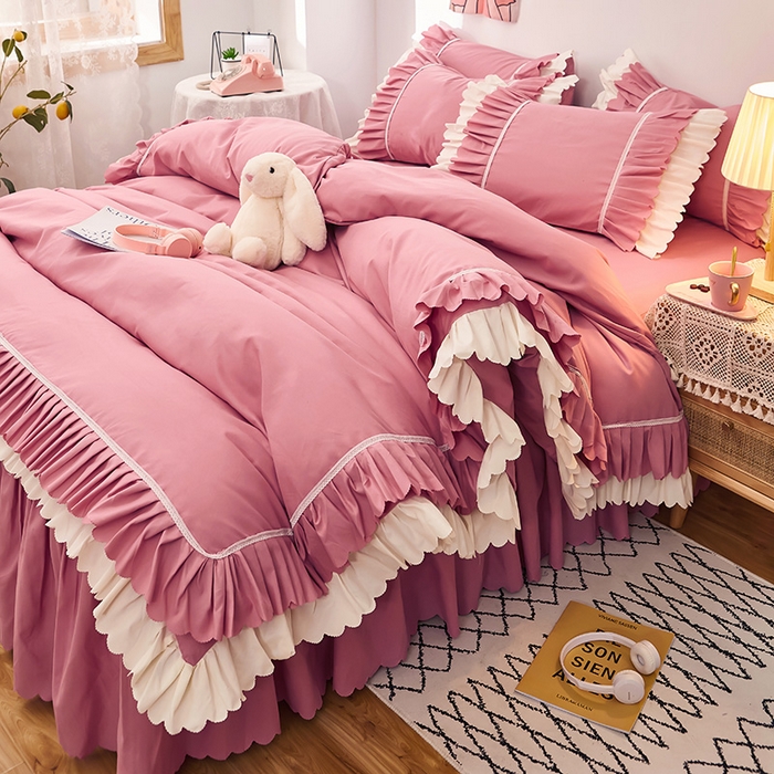 91家纺网 家纺一手货源 找家纺 沐珩家纺 2026新款荷叶边亲肤磨毛单床裙—流年系列 流年-豆沙