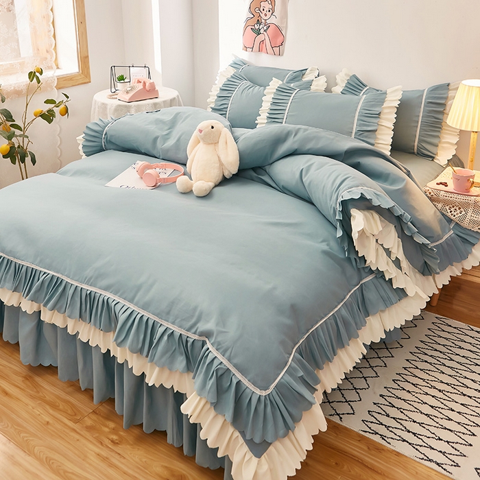 91家纺网 家纺一手货源 找家纺 沐珩家纺 2026新款荷叶边亲肤磨毛单床裙—流年系列 流年-湖蓝