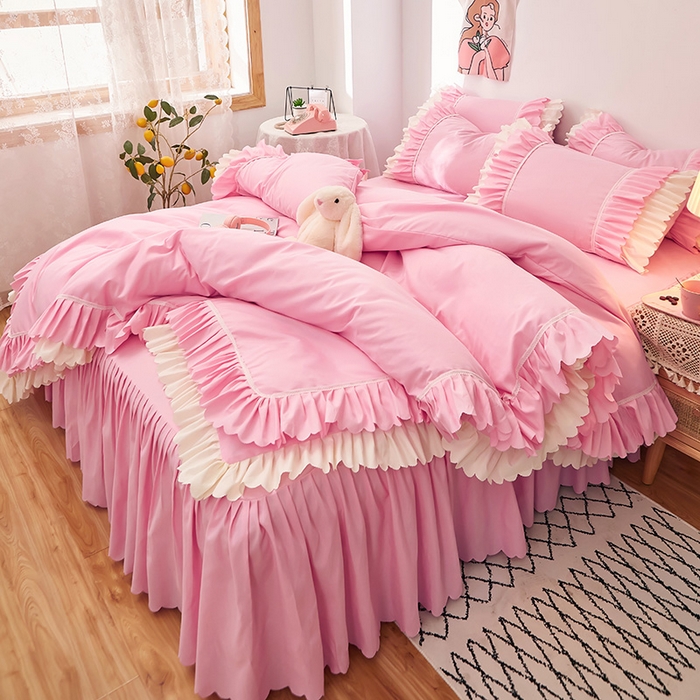 91家纺网 家纺一手货源 找家纺 沐珩家纺 2026新款荷叶边亲肤磨毛单床裙—流年系列 流年-樱粉