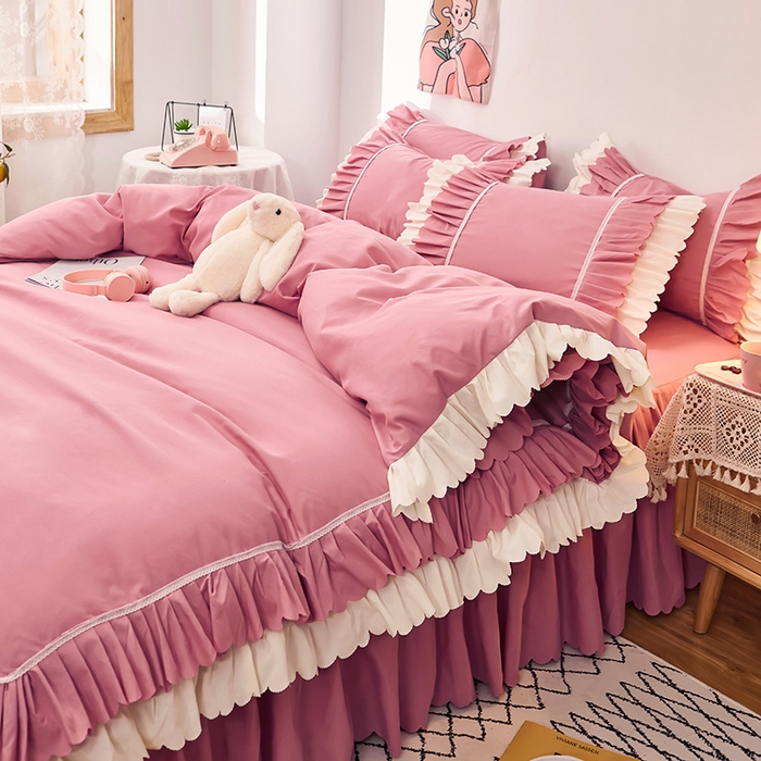 91家纺网 家纺一手货源 找家纺 沐珩家纺 2026新款荷叶边亲肤磨毛单床裙—流年系列 流年-豆沙