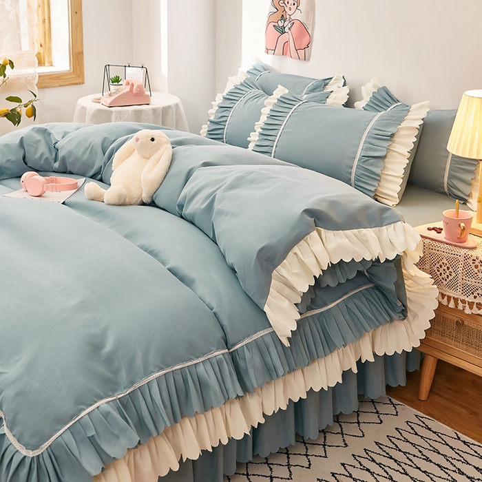 91家纺网 家纺一手货源 找家纺 沐珩家纺 2026新款荷叶边亲肤磨毛单床裙—流年系列 流年-湖蓝