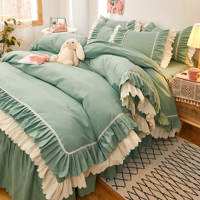 91家纺网 家纺一手货源 找家纺 沐珩家纺 2026新款荷叶边亲肤磨毛单床裙—流年系列 流年-水绿