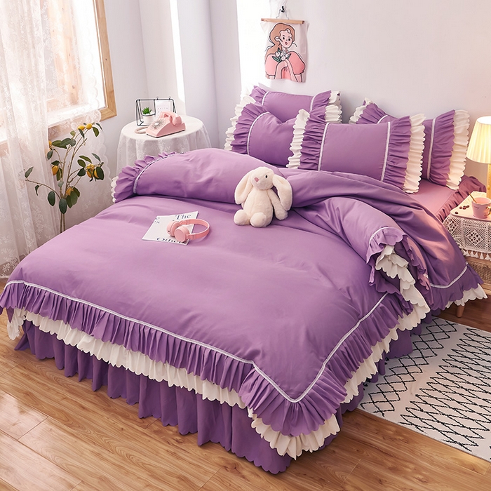 91家纺网 家纺一手货源 找家纺 沐珩家纺 2026新款荷叶边亲肤磨毛单床裙—流年系列 流年-黛紫