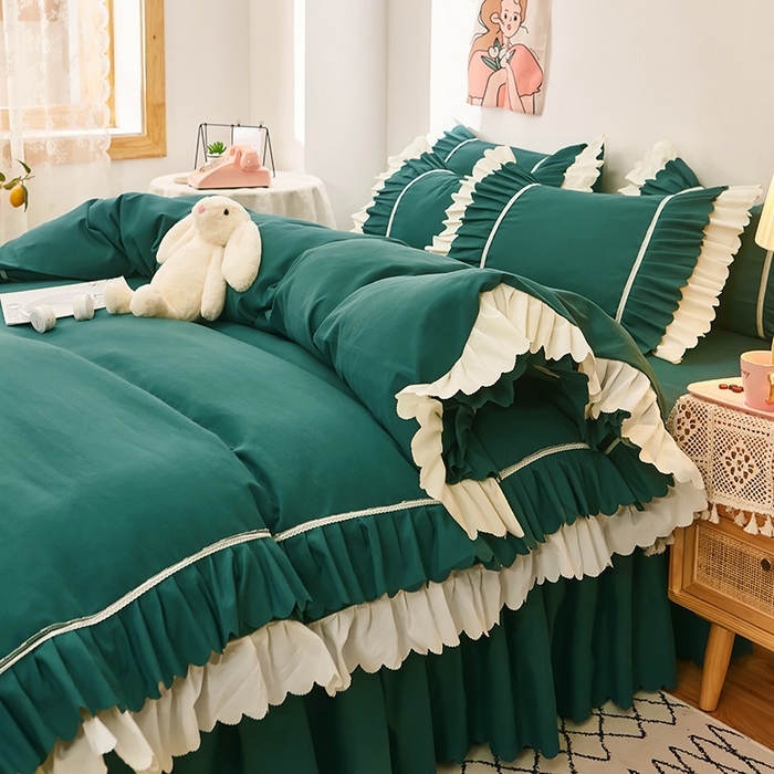 91家纺网 家纺一手货源 找家纺 沐珩家纺 2026新款荷叶边亲肤磨毛单床裙—流年系列 流年-墨绿