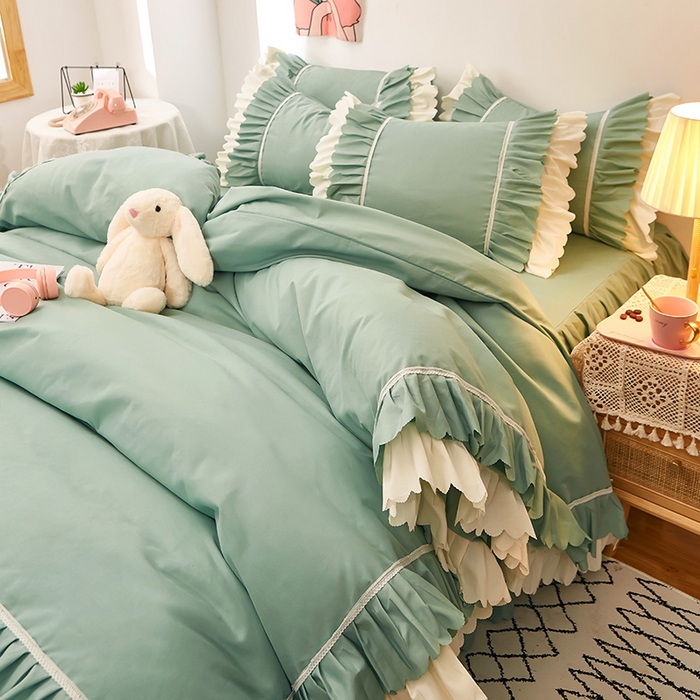 91家纺网 家纺一手货源 找家纺 沐珩家纺 2026新款荷叶边亲肤磨毛单床裙—流年系列 流年-水绿