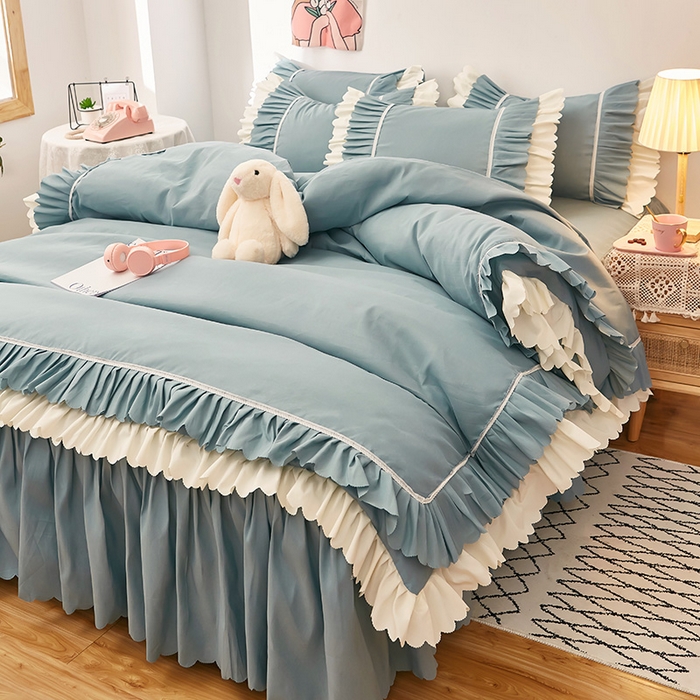 91家纺网 家纺一手货源 找家纺 沐珩家纺 2026新款荷叶边亲肤磨毛单床裙—流年系列 流年-湖蓝