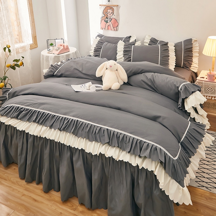 91家纺网 家纺一手货源 找家纺 沐珩家纺 2026新款荷叶边亲肤磨毛单床裙—流年系列 流年-深灰
