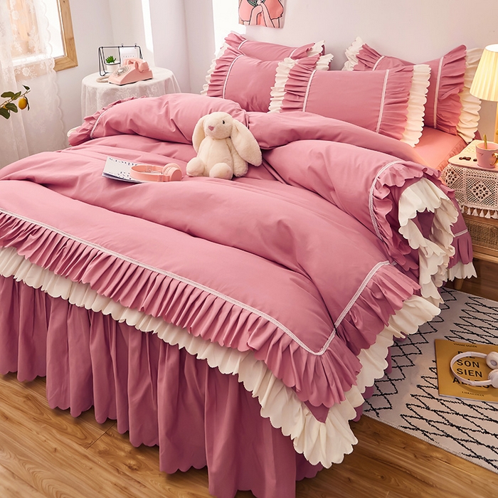 91家纺网 家纺一手货源 找家纺 沐珩家纺 2026新款荷叶边亲肤磨毛单床裙—流年系列 流年-豆沙