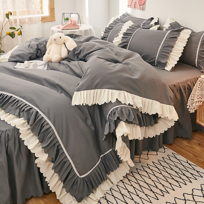 91家纺网 家纺一手货源 找家纺 沐珩家纺 2026新款荷叶边亲肤磨毛单床裙—流年系列 流年-深灰