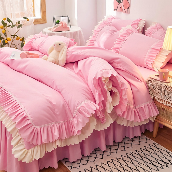 91家纺网 家纺一手货源 找家纺 沐珩家纺 2026新款荷叶边亲肤磨毛单床裙—流年系列 流年-樱粉