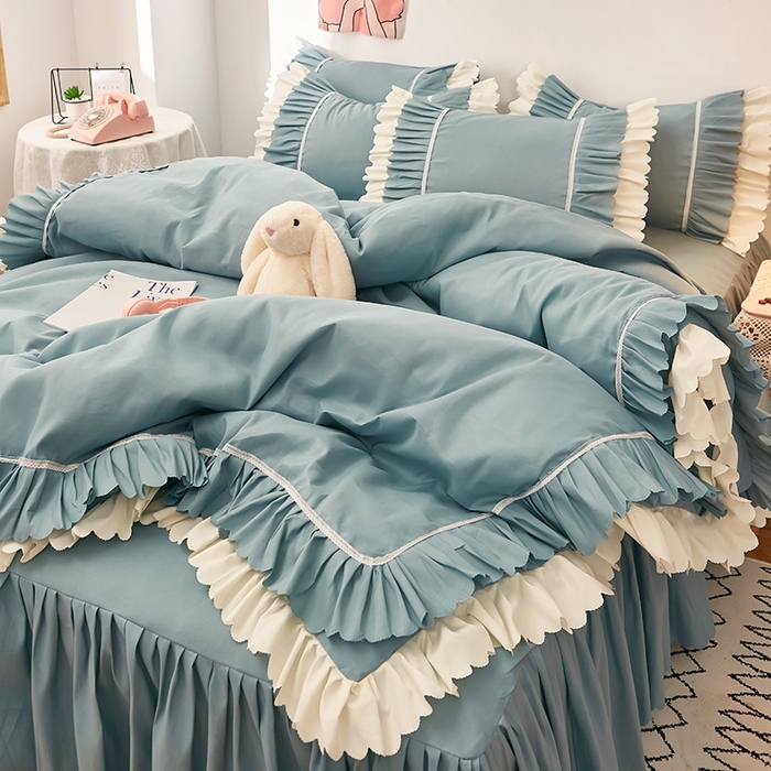 91家纺网 家纺一手货源 找家纺 沐珩家纺 2026新款荷叶边亲肤磨毛单床裙—流年系列 流年-湖蓝